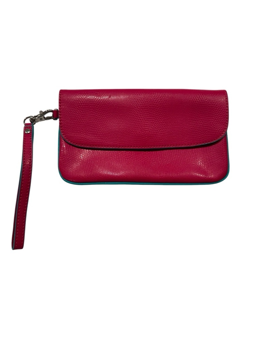 Baekgaard‎ Pink Faux Lizard Skin Wristlet Clutch Teal Interior Magnetic Snap